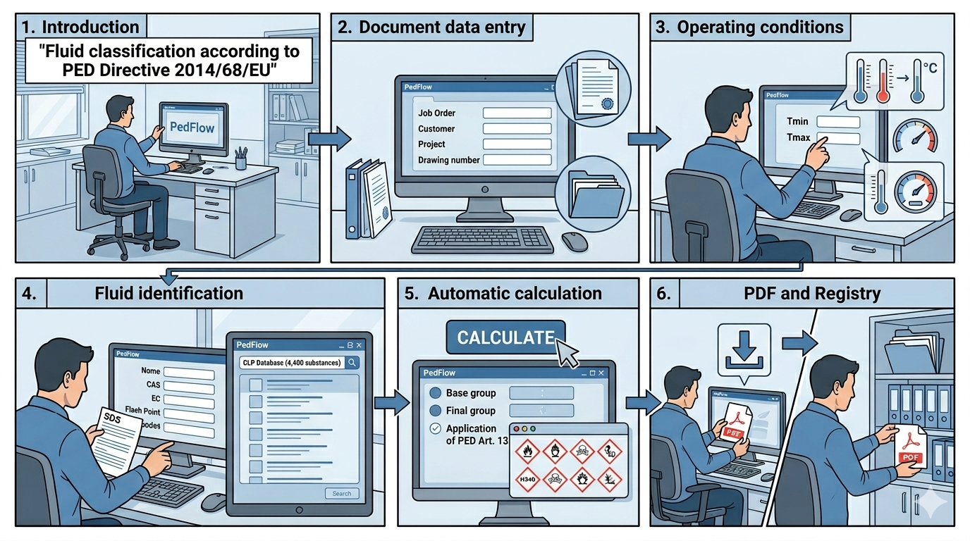 Processo PedFlow in 6 passaggi: introduzione, inserimento dati, condizioni operative, identificazione fluido, calcolo automatico, PDF e registro