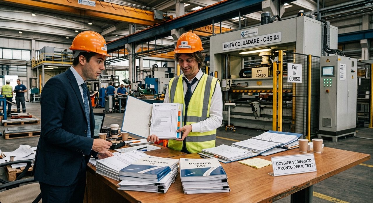 Tecnici davanti a un macchinario industriale mentre cercano un certificato nel dossier di collaudo